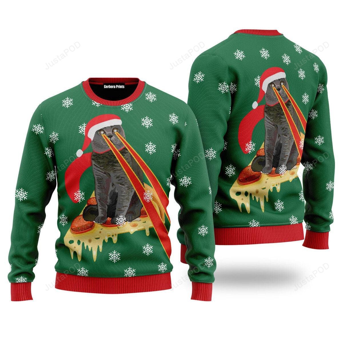 Pizza Cat With Laser Eyes Ugly Christmas Sweater, Pizza Cat With Laser