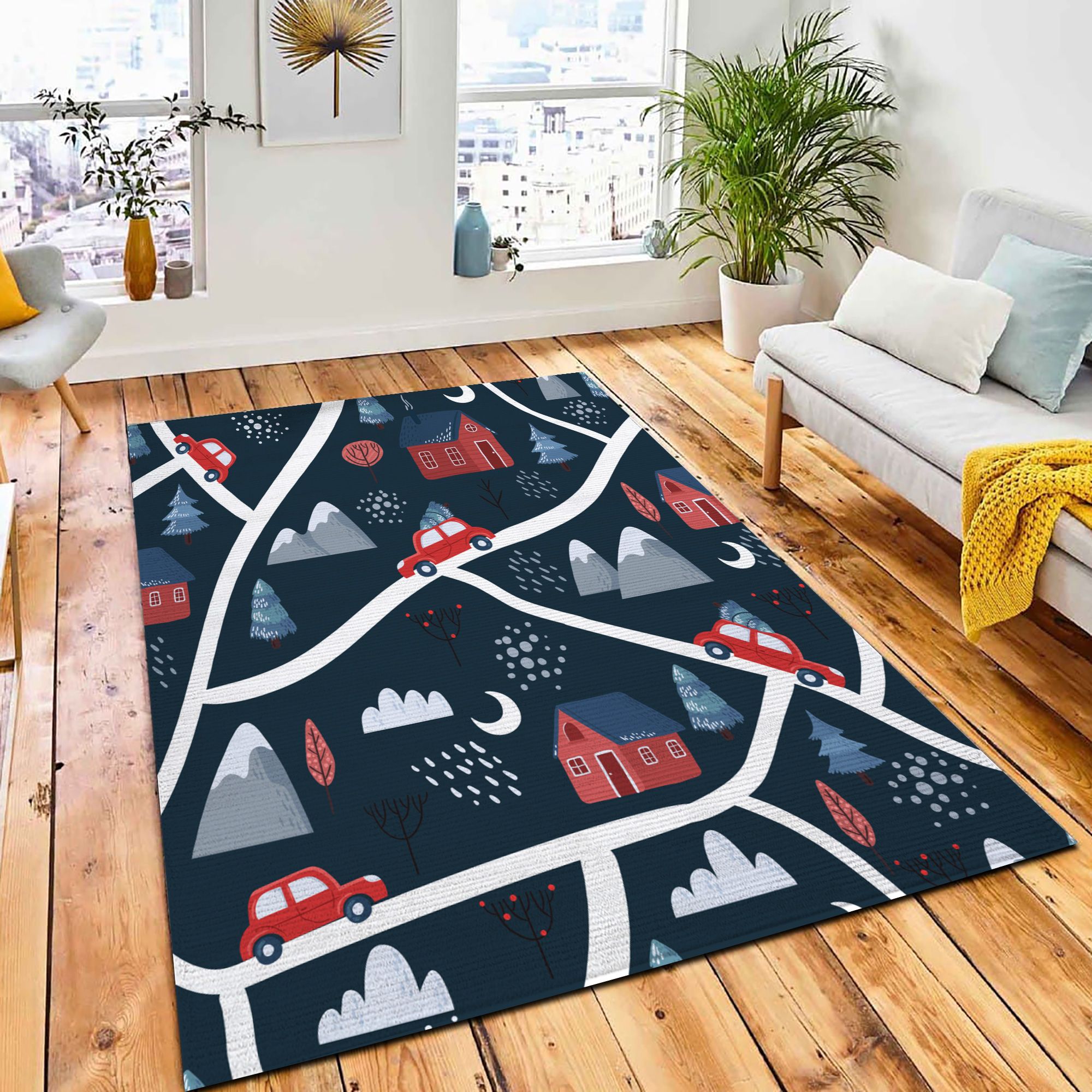 Winter Landscape Night Red Cars Area Rug Nursery Rug Home Decor