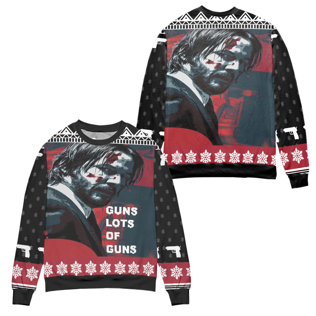 John Wick Guns Lots Of Guns Snowflake Pattern Ugly Christmas Sweater – All Over Print 3D Sweater