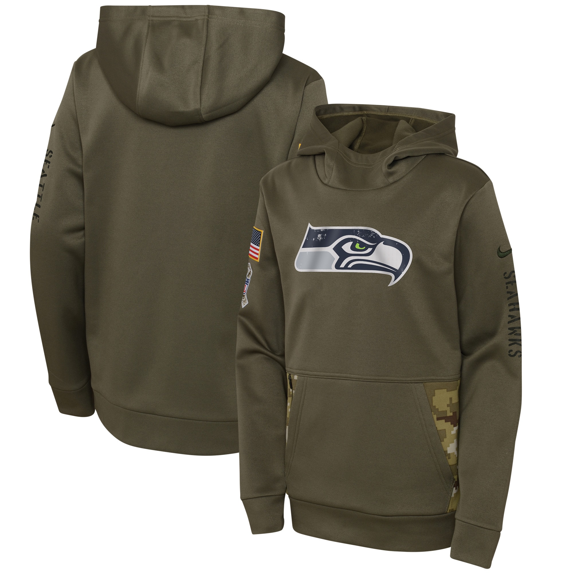 Seattle Seahawks 2022 Salute To Service Therma Performance Pullover Hoodie – Camo – Youth