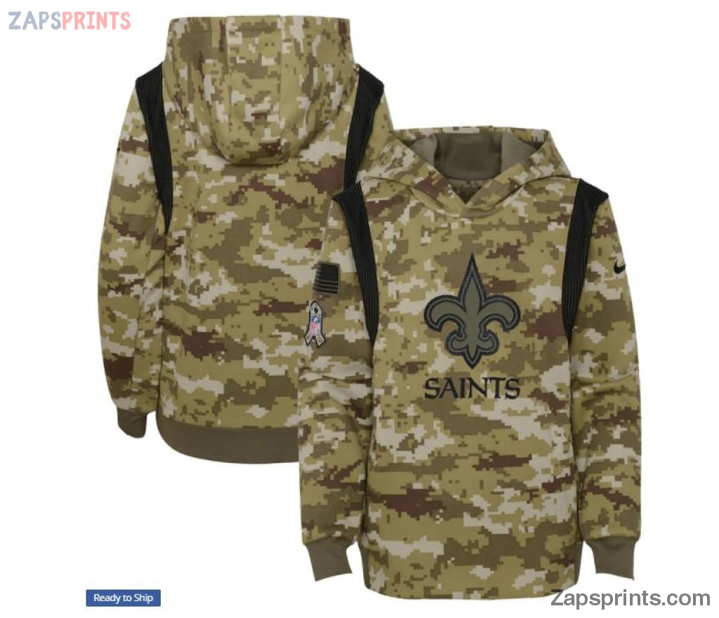 Youth Olive New Orleans Saints 2021 Salute To Service Therma Performance Pullover Hoodie