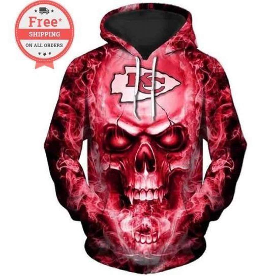 Kansas City Chiefs Football Skull Hoodie Unisex 3D All Over Print