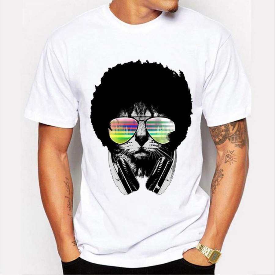 Men ‘s fashion simple white T – shirt personality DJ cat printing trend cool shirt short – sleeved round neck T – shirt