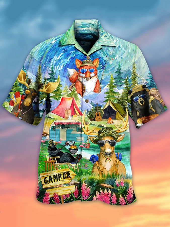 Men’S Animal Camping Happy Short Sleeve Hawaiian Shirt