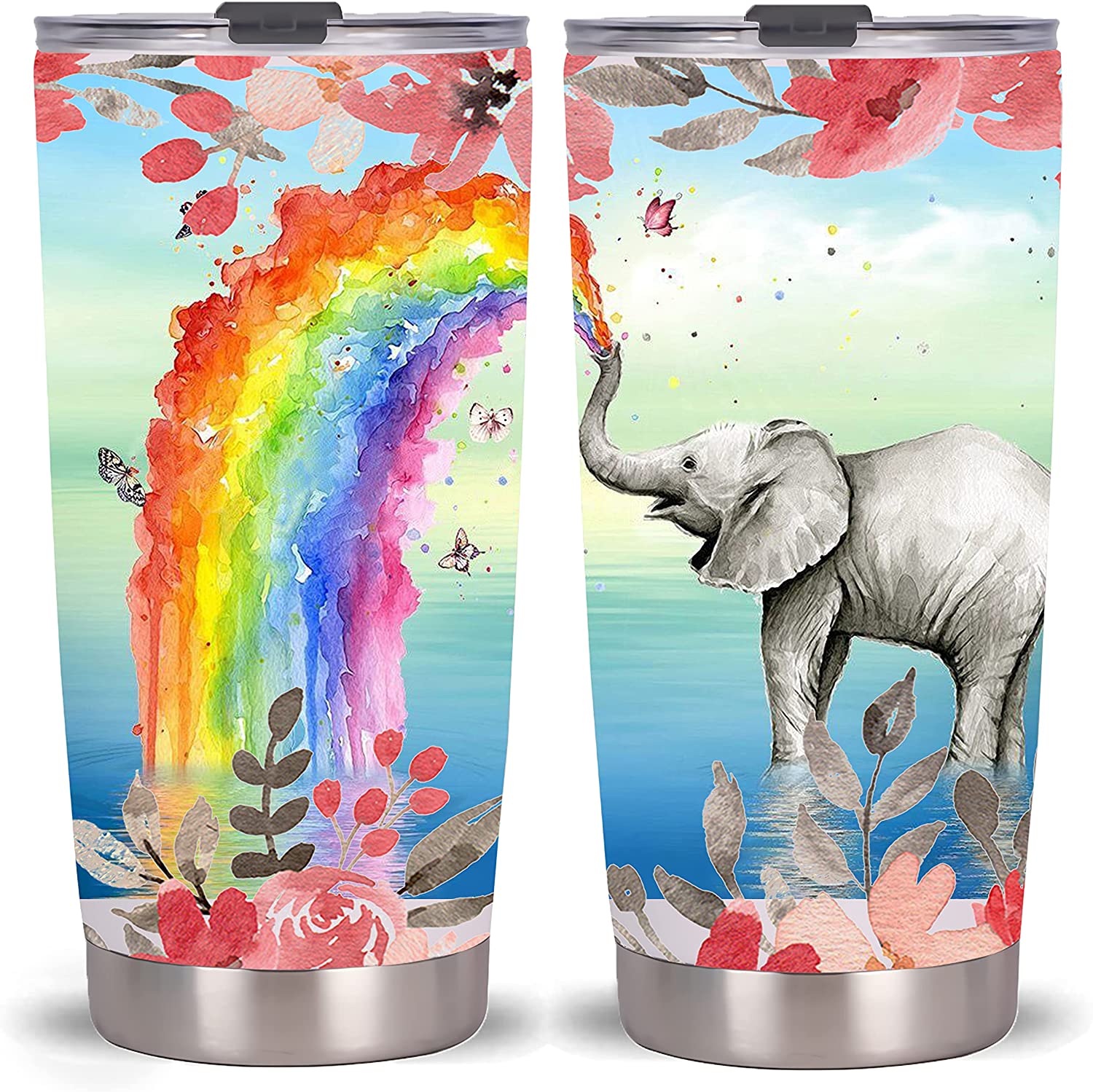 20Oz Elephant Rainbow Tumbler-Stainless Steel Travel Mug With Lid And Straw ( Elephant Rainbow Tumbler )