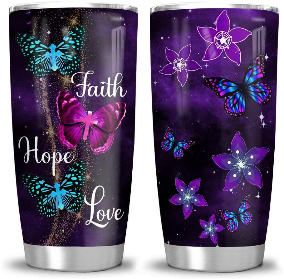 20Oz Purple Butterfly Faith Hope Love Motivation Tumbler Cup With Lid, Double Wall Vacuum Sporty Thermos Insulated Travel Coffee Mug