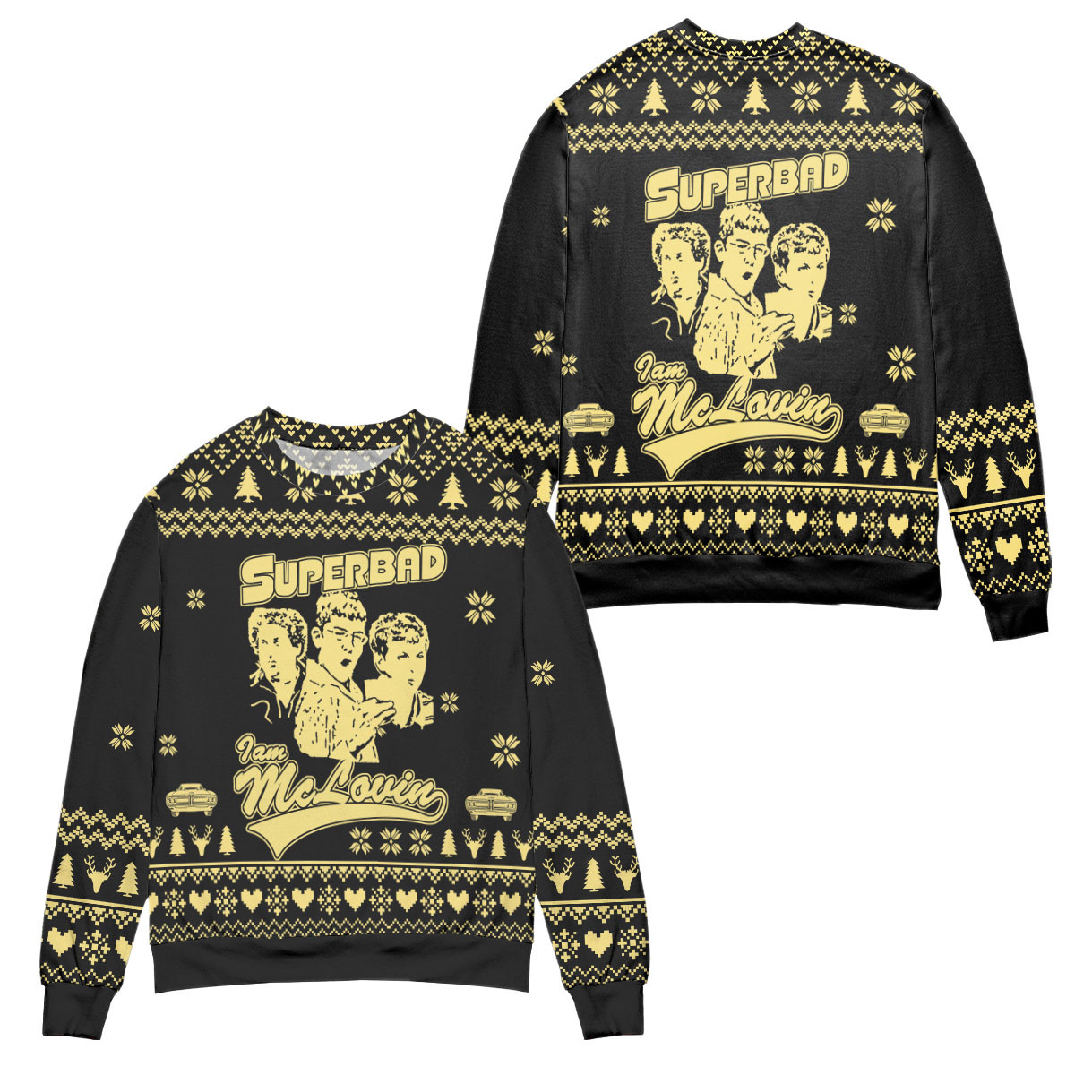 Superbad I Am Mclovin Pine Tree & Snowflake Pattern Ugly Christmas Sweater – All Over Print 3D Sweater – Black