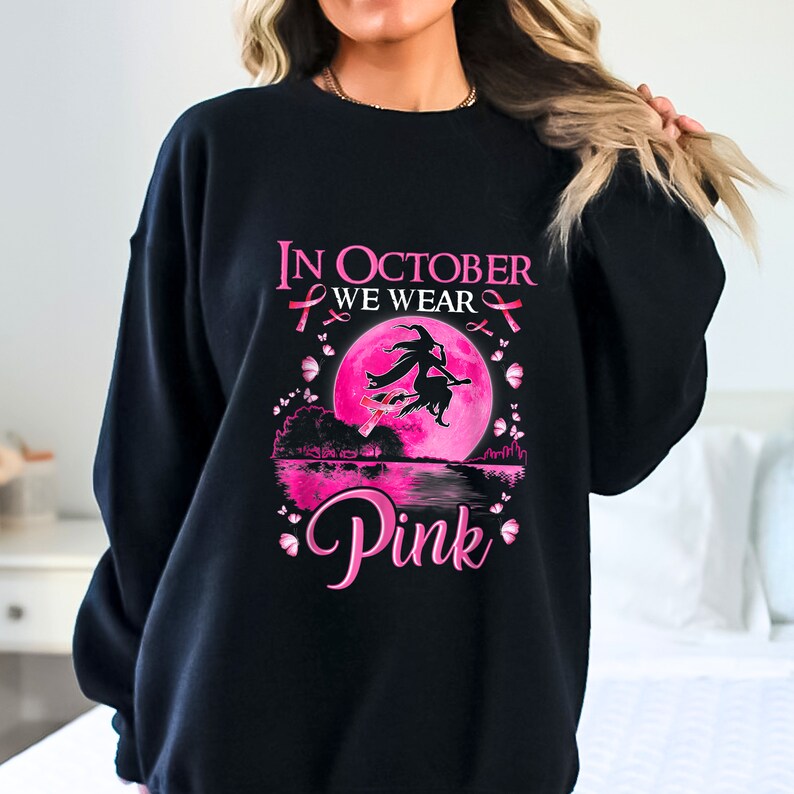 In October We Wear Pink Halloween Breast Cancer Awareness Sweatshirt For Women, Unisex Halloween Shirt Cancer Awareness, Halloween Gift , Thanksgiving Shirts, Halloween Shirt Ideas