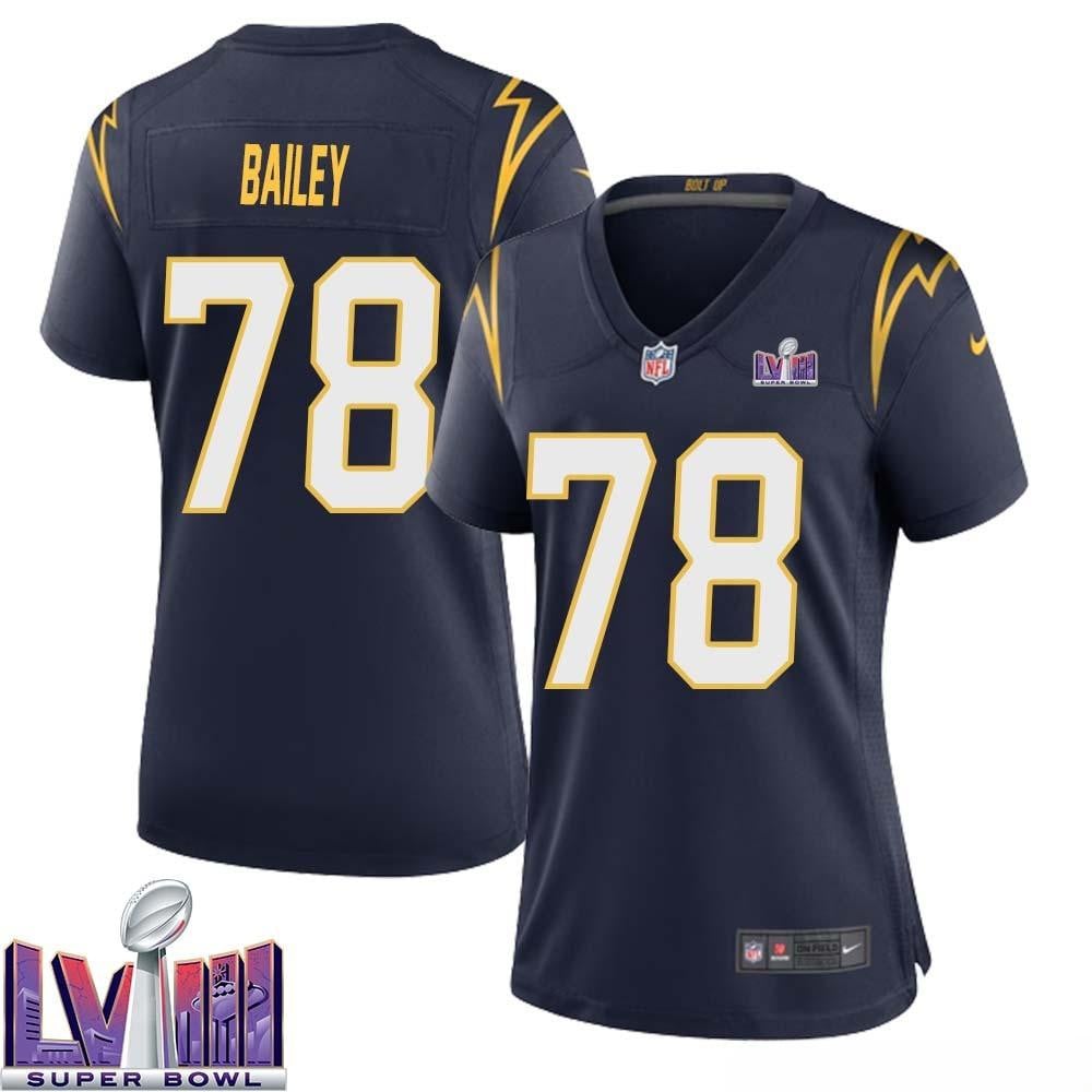 Zack Bailey 78 Los Angeles Chargers Super Bowl Lviii Women Alternate Game Jersey – Navy