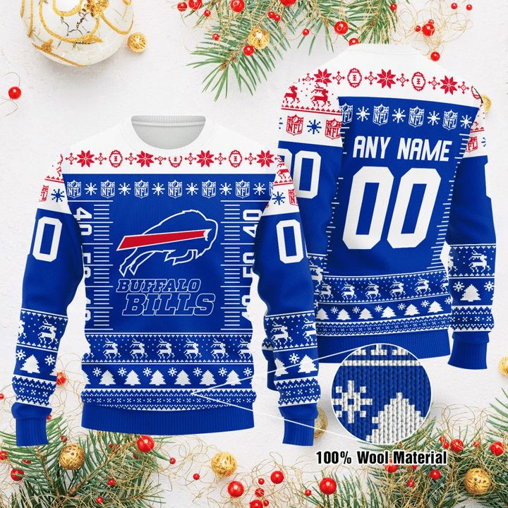 Buffalo Bills Custom Name Number White Blue Gift For Fan Ugly Wool Sweater Christmas