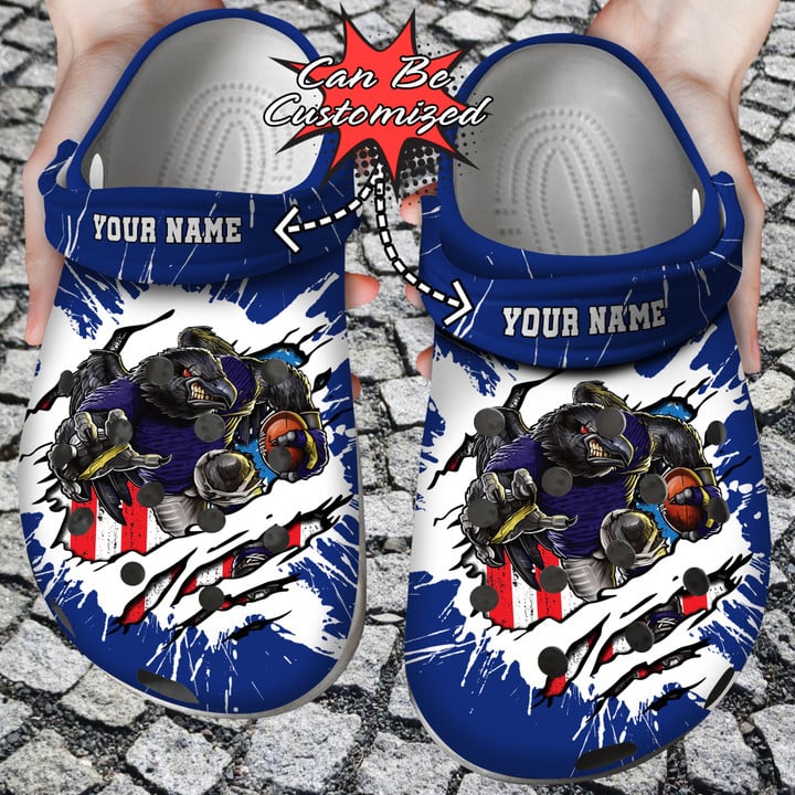 Football Crocs – Personalized Baltimore Ravens Mascot Ripped Flag Clog Shoes