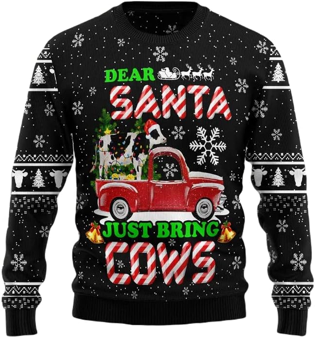 Deer Santa Ugly Christmas Sweater For Men & Women, Cow Pattern Ugly Christmas Sweater, Red Truck Ugly Christmas Sweater