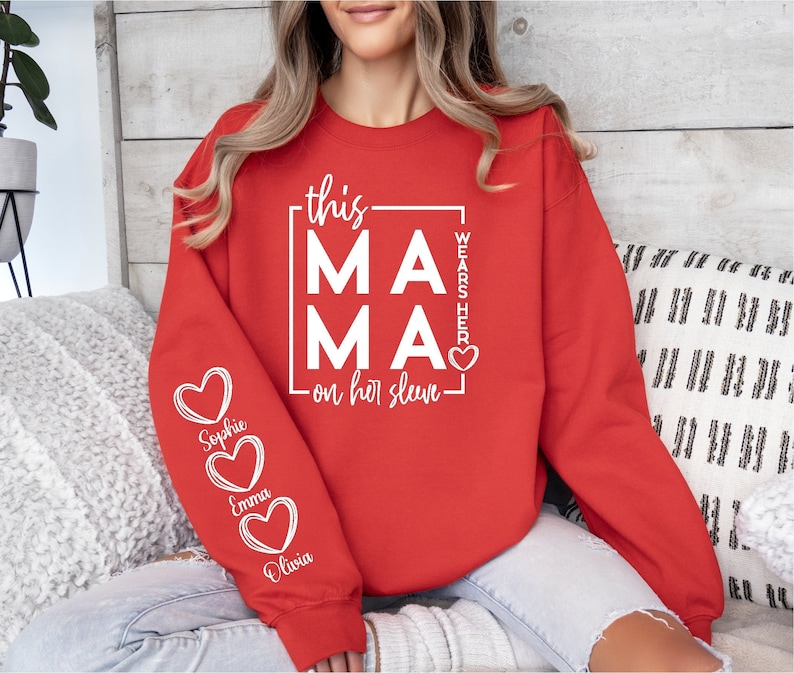 Mom Personlizard Valentine’s Day Sweatshirt, Kids Names On Sleeve With Heart, Mom Valentine Gift, Valentine Mom Sweater, VA20