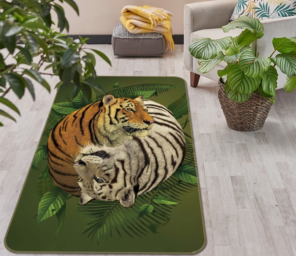 3D Brown And White Tigers On Leaves Area Rug Home Decor