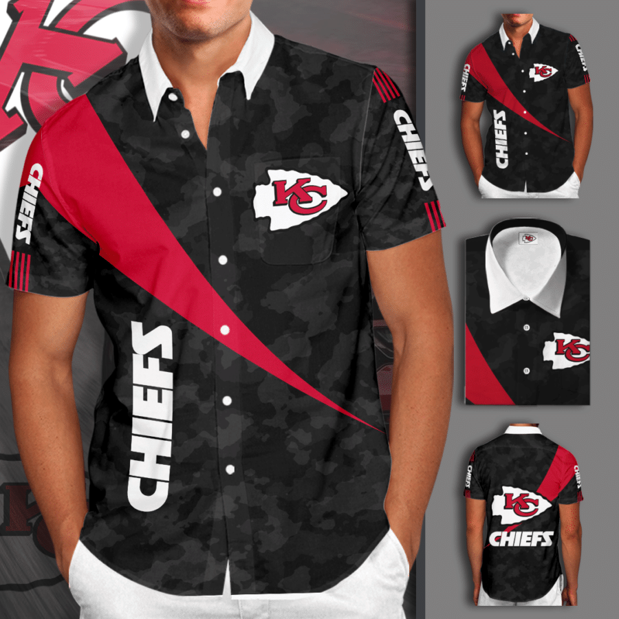 Kansas City Chiefs All Over Print 3D Camo Short Sleeve Dress Shirt Hawaiian Summer Aloha Beach Shirt – Black-Tph