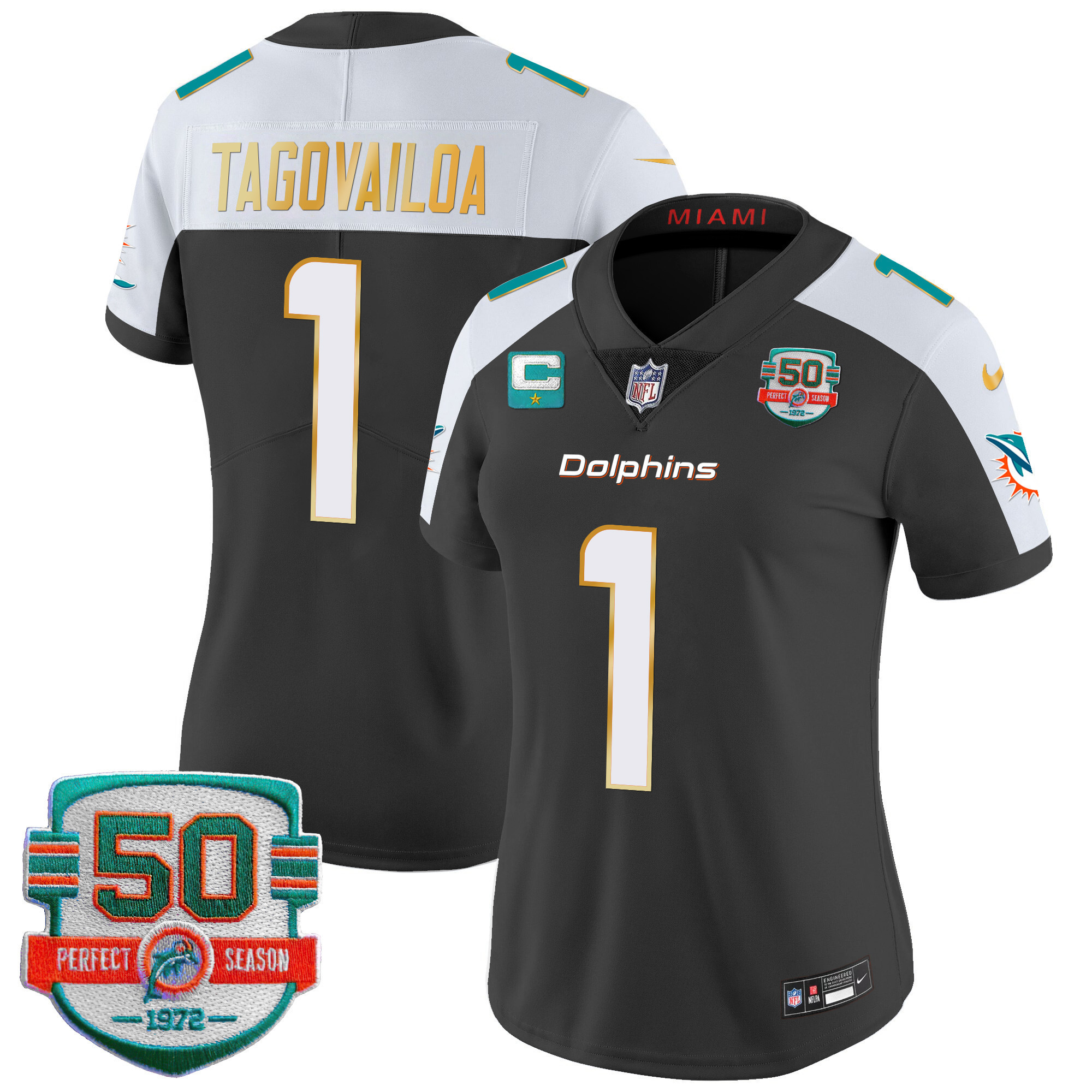 Women’S Dolphins Gold Trim Vapor Limited Jersey – All Stitched