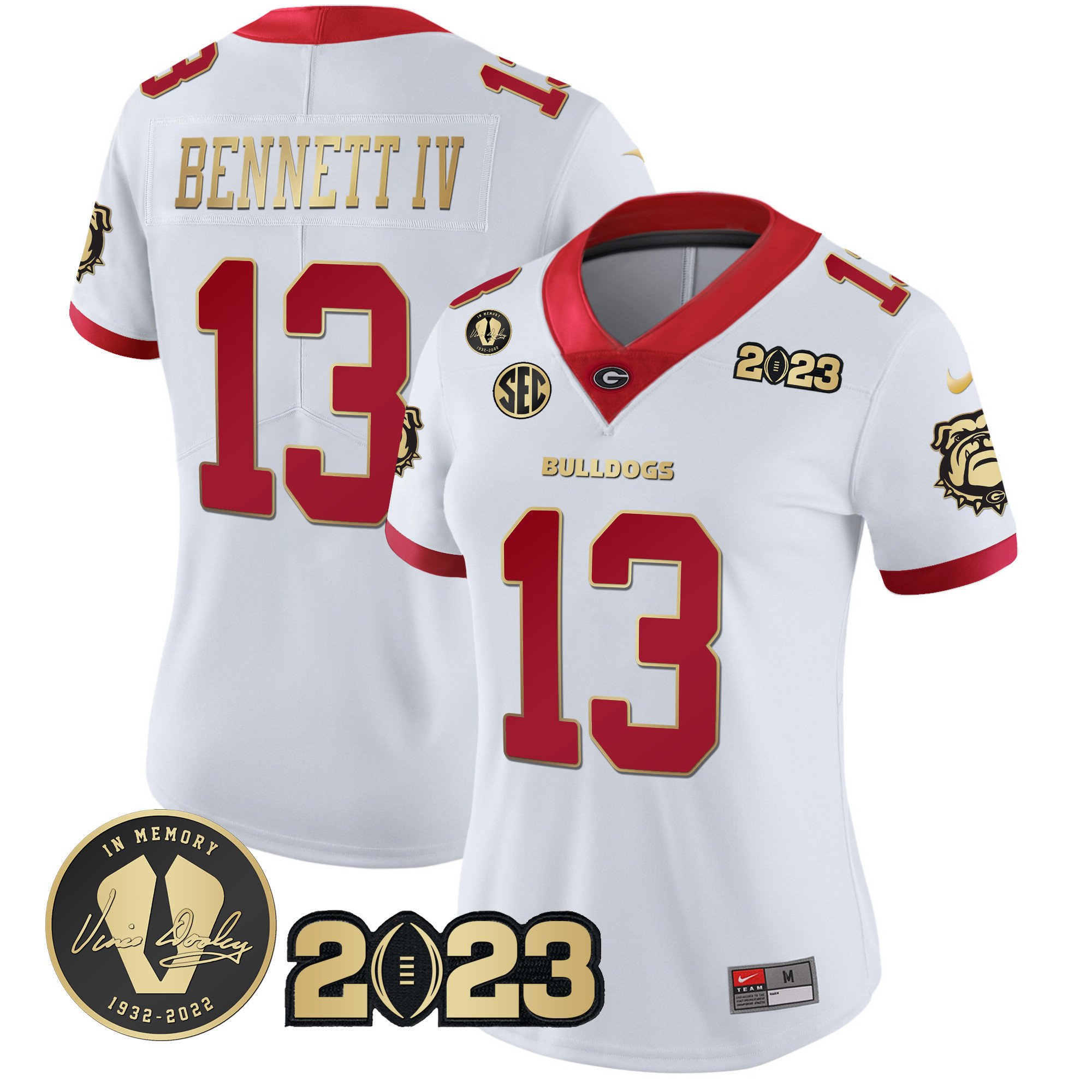 Women’S Georgia Bulldogs 2023 Champions Gold Jersey – All Stitched