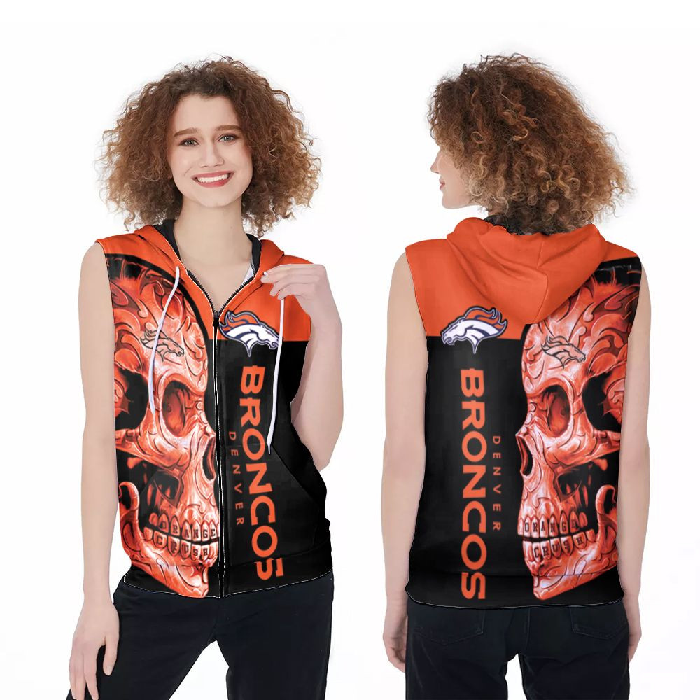 Sugar Skull Denver Broncos Flower Pattern 3D Designed For Denver Broncos Fan Zip Sleeveless Hoodie