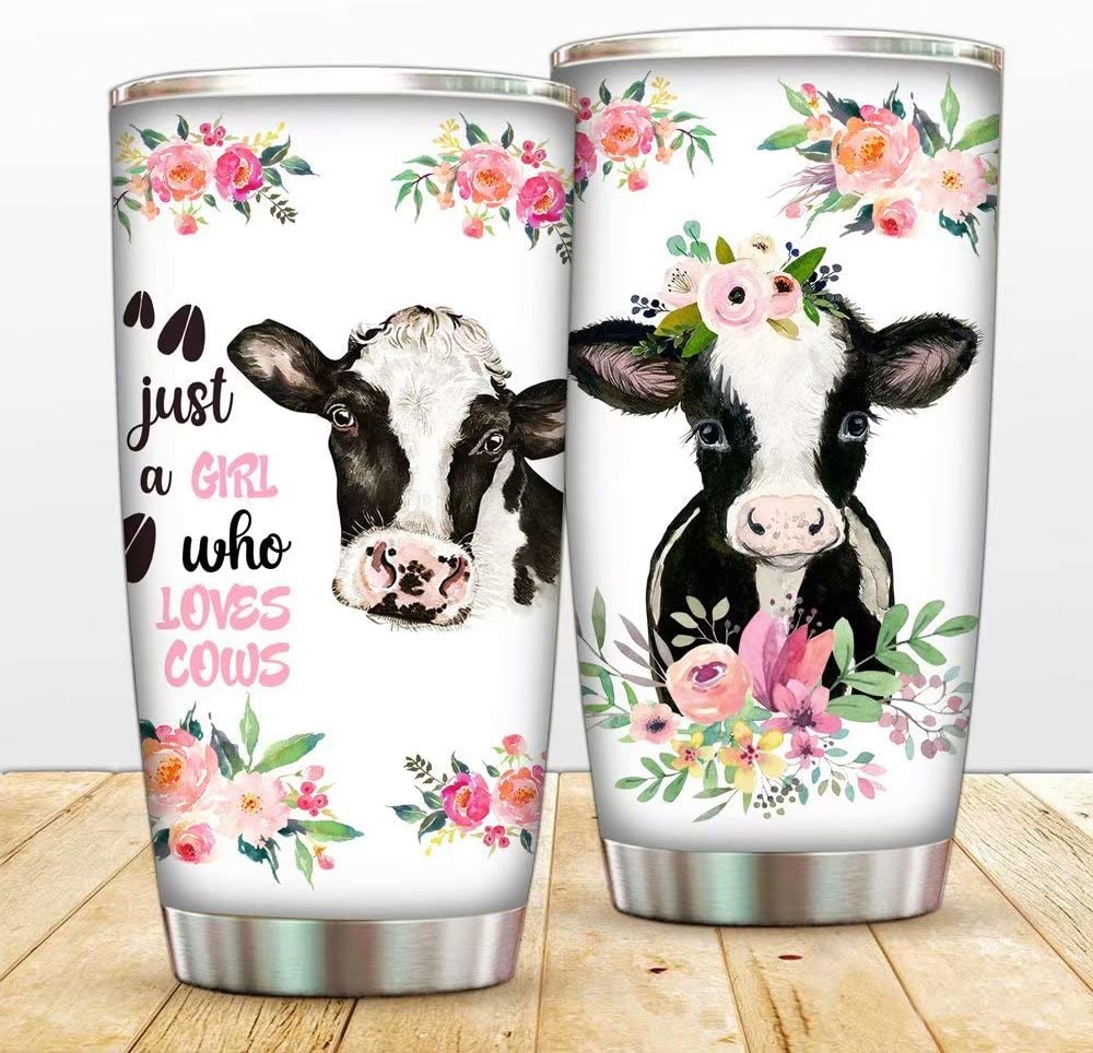 20 Oz Flowers Cow Vacuum Thermos Insulated Tumbler With Lid And Straw,Flower Coffee Cup,Just A Girl Who Loves Cows Stainless Steel Tumblers Travel Mug