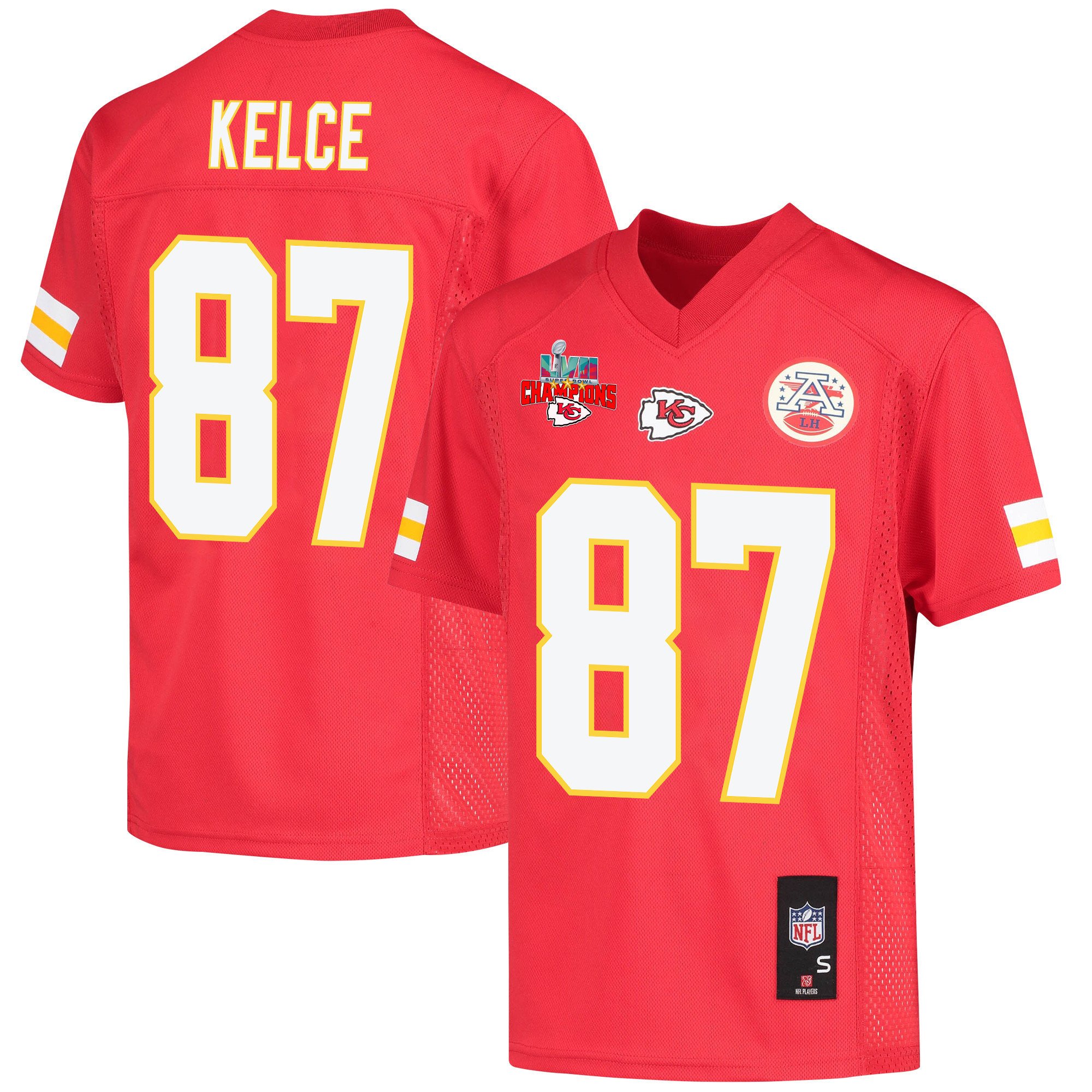 Travis Kelce 87 Kansas City Chiefs Super Bowl Lvii Champions 3 Stars Youth Game Jersey – Red