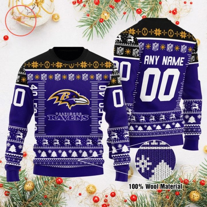 Baltimore Ravens Custom Name Number Gift For Fan Ugly Wool Sweater Christmas V2