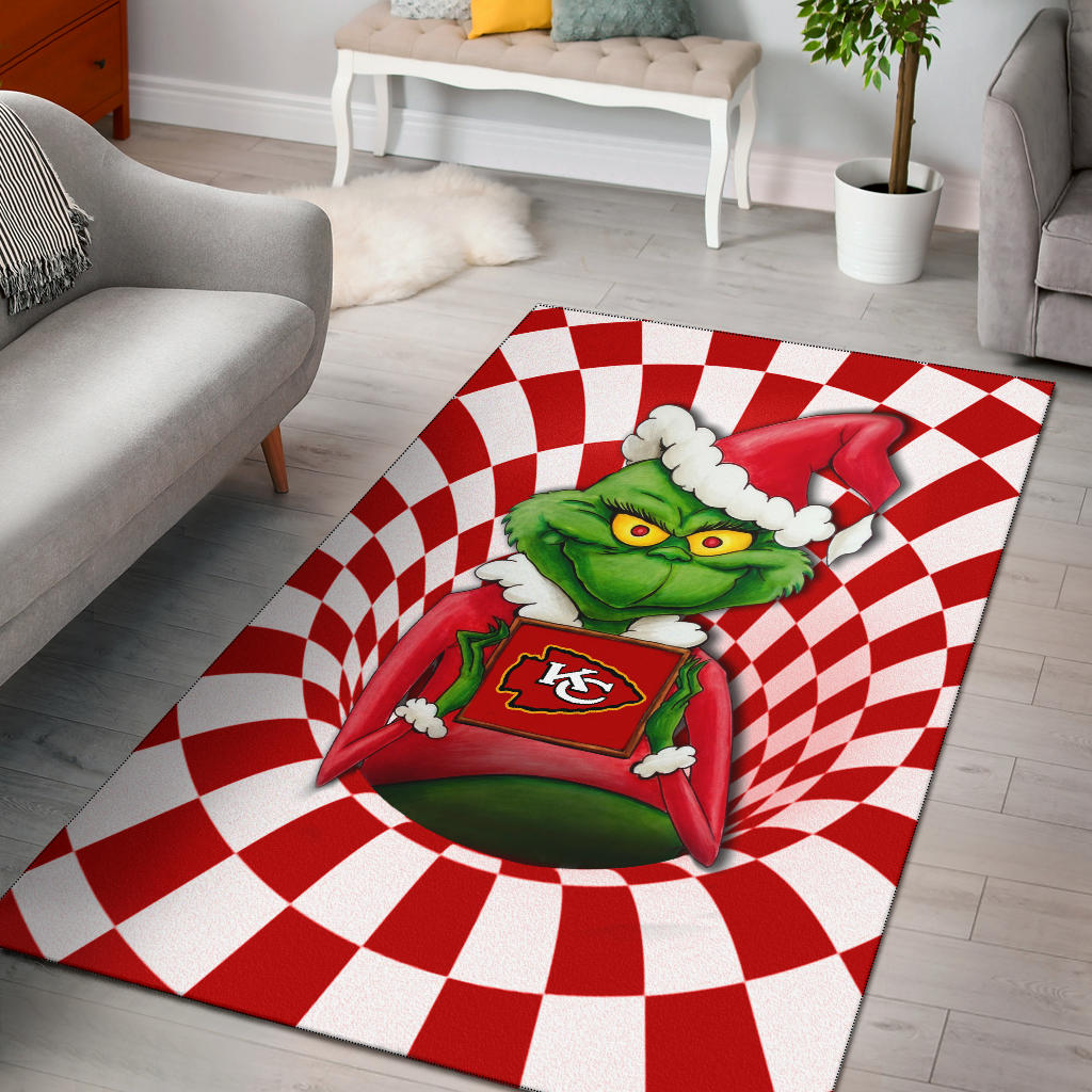 American Football Team Area Rug | Grinch Wearing Santa Clothes Holding Kansas City Chiefs Rugs Home Decor