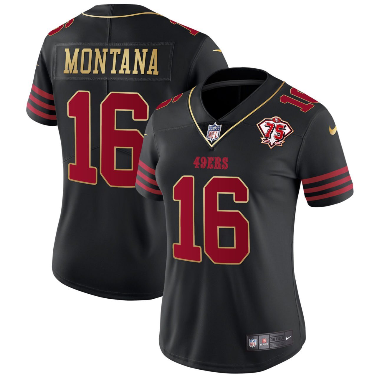 Women’S 49Ers Montana 75Th Anniversary Patch Vapor Gold Jersey – All Stitched