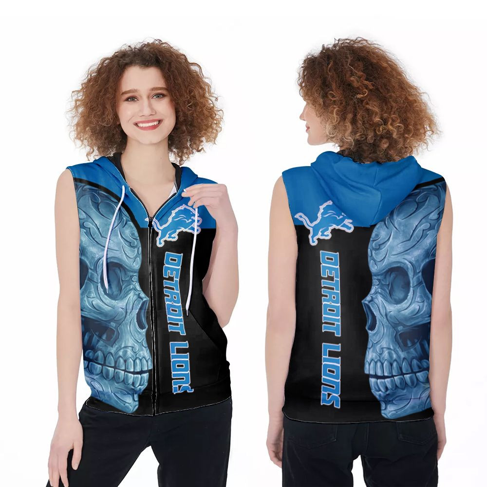 Sugar Skull Detroit Lions Flower Pattern 3D Designed For Detroit Lions Fan Zip Sleeveless Hoodie