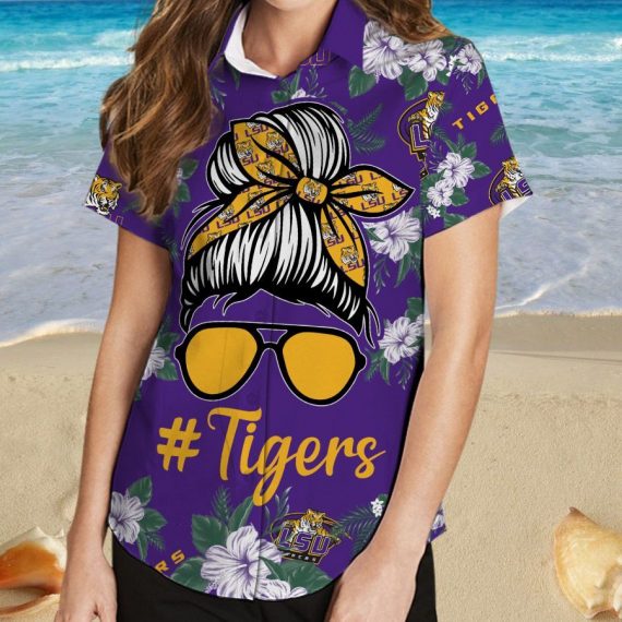 Gift Ideas 	Lsu Tigers Girl Messy Bun Short Sleeve Button Up Tropical Aloha Hawaiian Shirts For Men Women