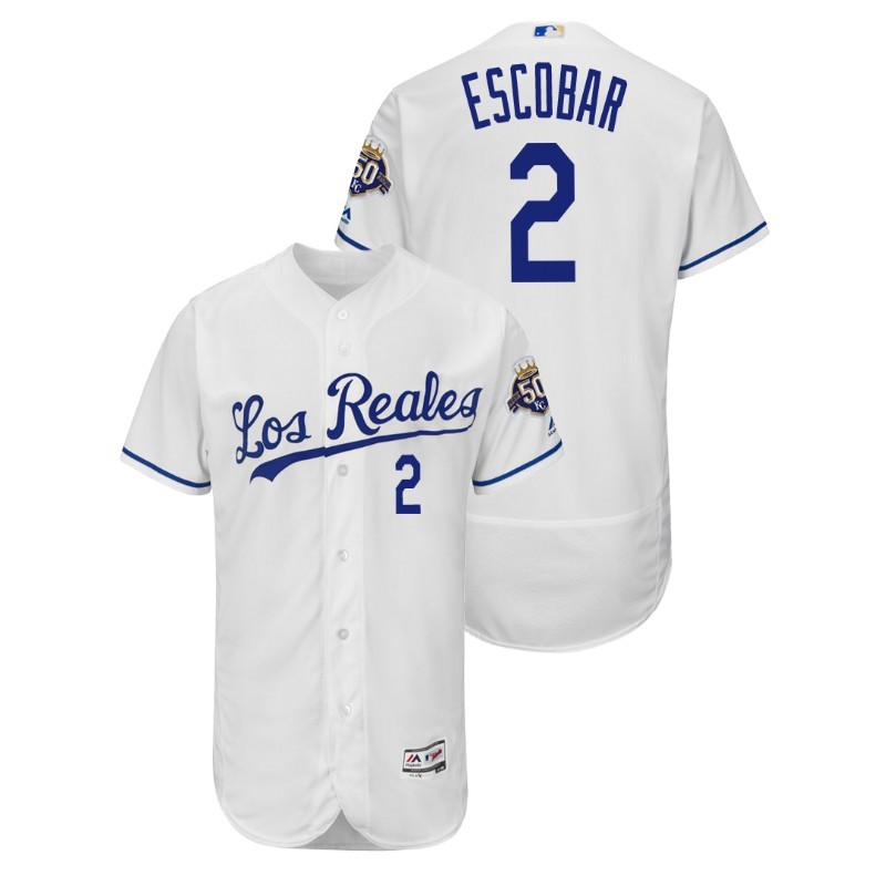 Men’S Kansas City Royals White Home Flex Base #2 Alcides Escobar 50Th Anniversary Jersey – All Stitched, Embroidery