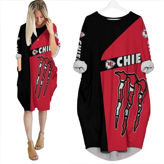 Monster Energy Kansas City Chiefs 3D Batwing Pocket Dress Womens Oversized Loose Dress