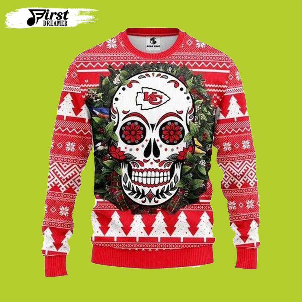 Skull Flower Kansas City Chiefs Gift For Fan Ugly Wool Sweater Christmas