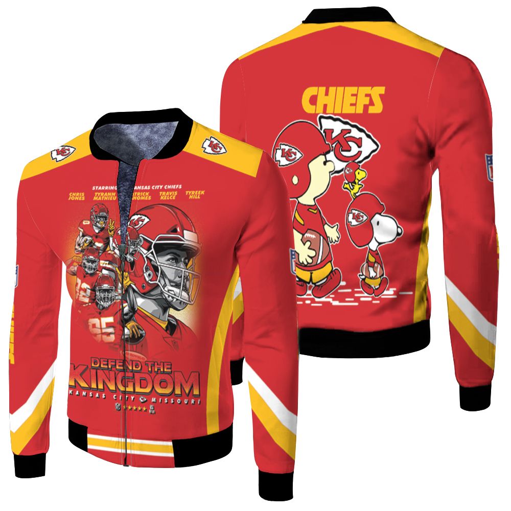 Kansas City Chiefs Defend The Kingdom Patrick Mahomes Tyrann Mathieu Chris Jones Travis Kelce Tyreek Hill Peanuts Snoopy Charlie Tshirt Hoodie Sweater Fleece Bomber Jacket