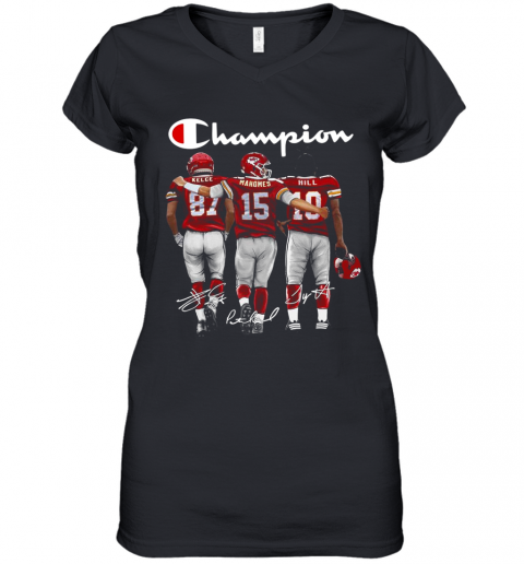 Champion Kansas City Chiefs Kelce 87 Mahomes 15 Hill 10 Signatures Women’S V-Neck T-Shirt