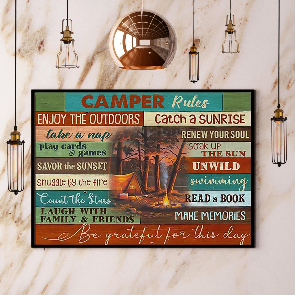 Camping Camper Rules Be Grateful For This Day Fire-Camp Vintage  Poster No Frame Matte Canvas