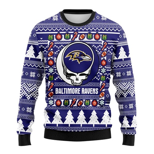 Baltimore Ravens Grateful Dead Christmas Gift For Fan Ugly Wool Sweater Christmas