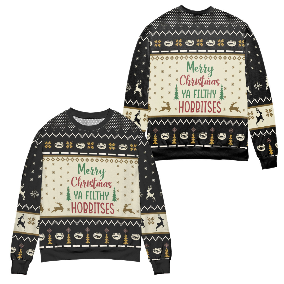 Merry Christmas You Filthy Hobbitses Ugly Christmas Sweater – All Over Print 3D Sweater – Black