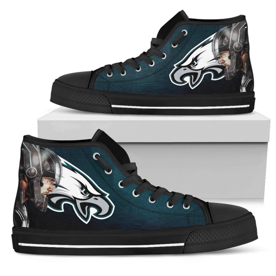 Thor Head Beside Philadelphia Eagles High Top Shoes