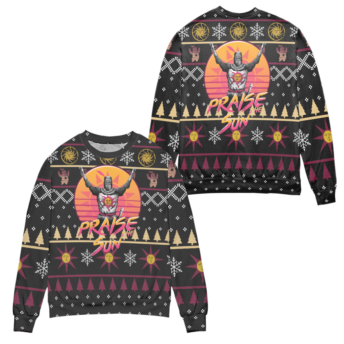 Praise The Sun Dark Souls Snowflake Pattern Ugly Christmas Sweater – All Over Print 3D Sweater – Black