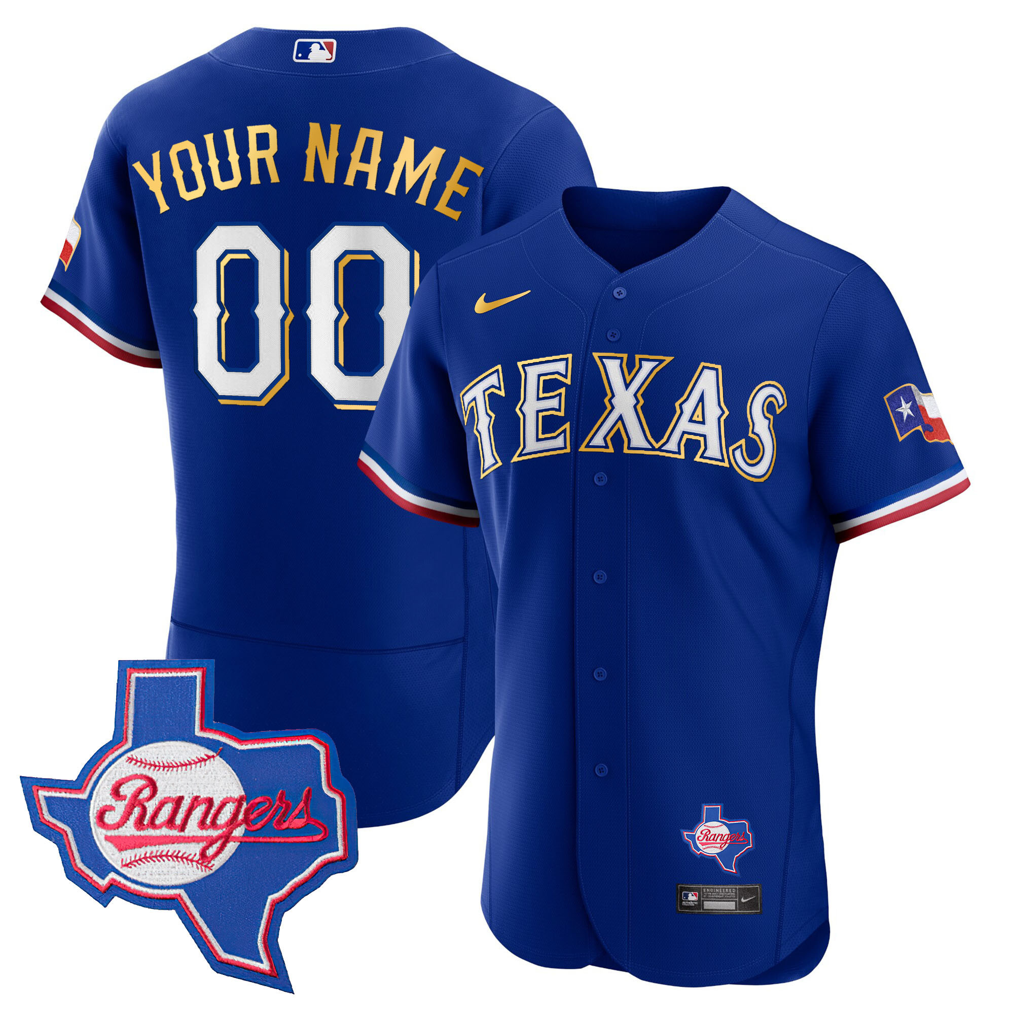 Texas Rangers Gold Trim Flex Base Custom Jersey – Texas Patch – All Stitched