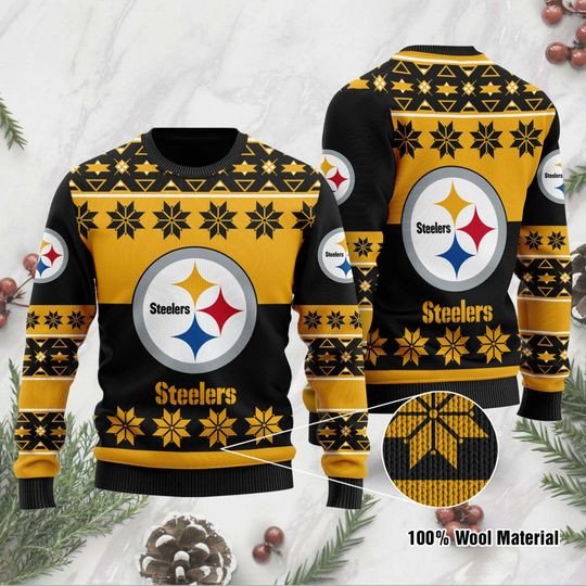 Pittsburgh Steelers Logo Ugly Christmas Black Golden Gift For Fan Ugly Wool Sweater Christmas