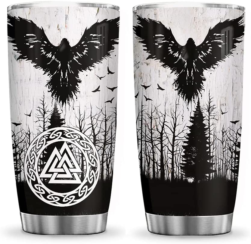 20Oz Viking Raven Vegvisir Tattoo Style, Viking Lovers Tumbler Cup With Lid, Double Wall Vacuum Thermos Insulated Travel Coffee Mug