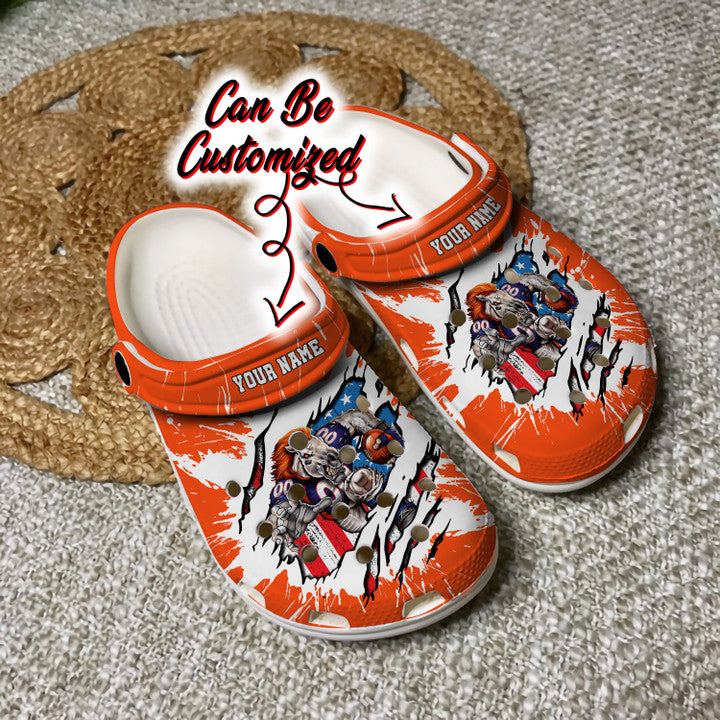 Football Crocs – Personalized Denver Broncos Mascot Ripped Flag Clog Shoes