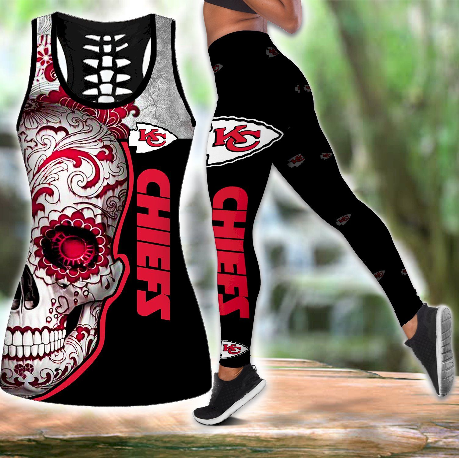 Combo Kansas City Chiefs Skull Hollow Tanktop Leggings Set B1036