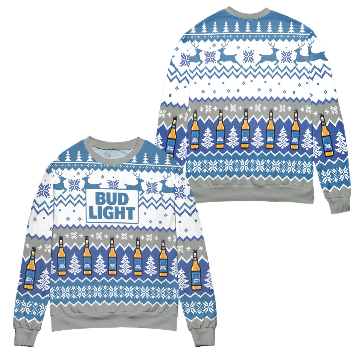 Pixel Bud Light Reindeer & Snowflake Pattern Ugly Christmas Sweater – All Over Print 3D Sweater