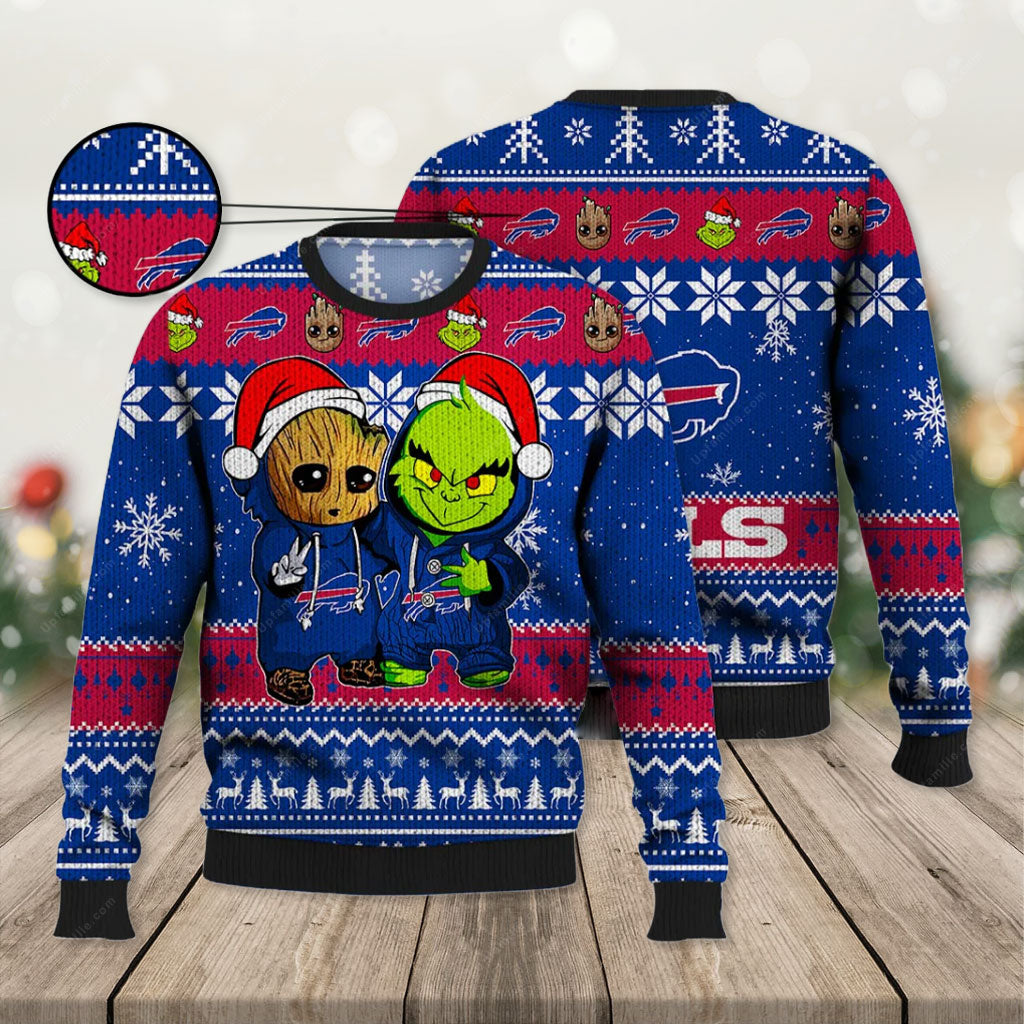 Buffalo Bills Ugly Sweater, Baby Groot And Grinch Ugly Christmas Sweater 3D, Presents For Christmas