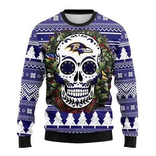 Baltimore Ravens Skull Flower Christmas Gift For Fan Ugly Wool Sweater Christmas