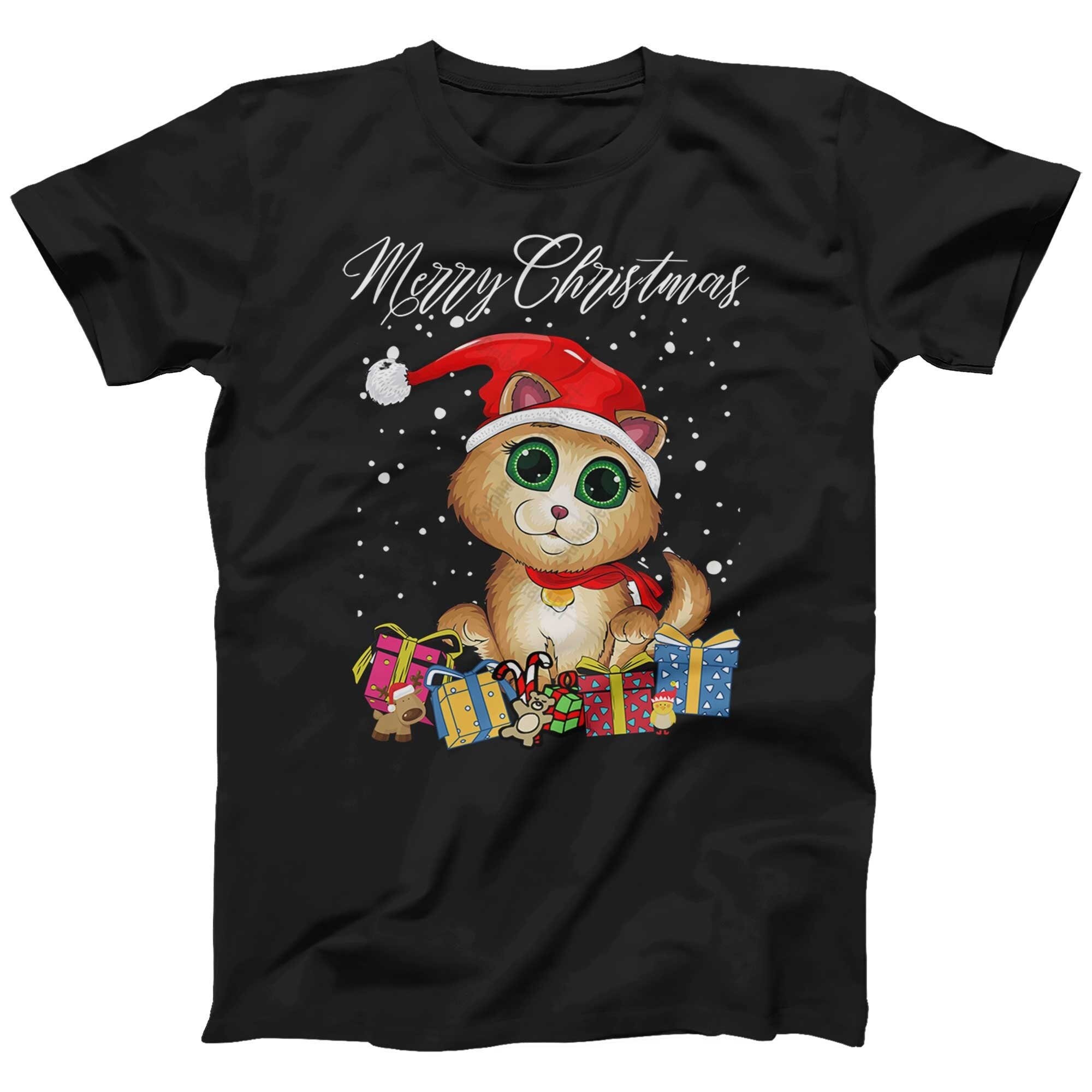 Cute Cat Christmas T-shirt for Men Ladies Kids Cat Lovers Printed Xmas Gift Tee Adorable Cat | Also in Plus Sizes 3XL 4XL 5XL