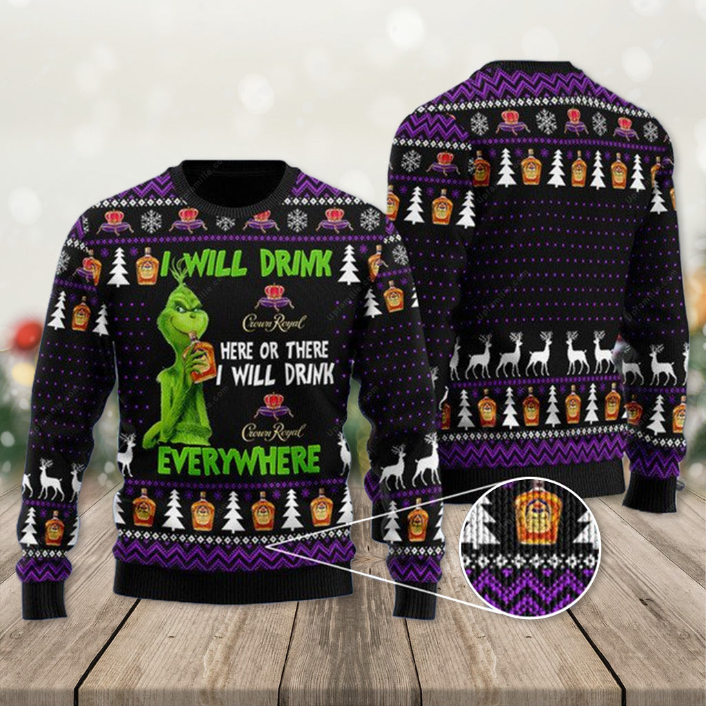 Crown Royal Ugly Christmas Sweater, Grinch Ugly Sweater 3D, Presents For Christmas