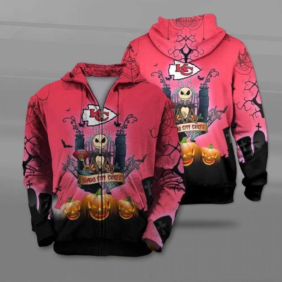 Kansas City Chiefs Jack Skellington Halloween Zip Up Hoodie Unisex 3D All Over Print